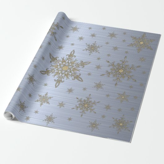 Gold Snowflake Silver Metallic Wrapping Paper Cadeaupapier (Uitgerold)