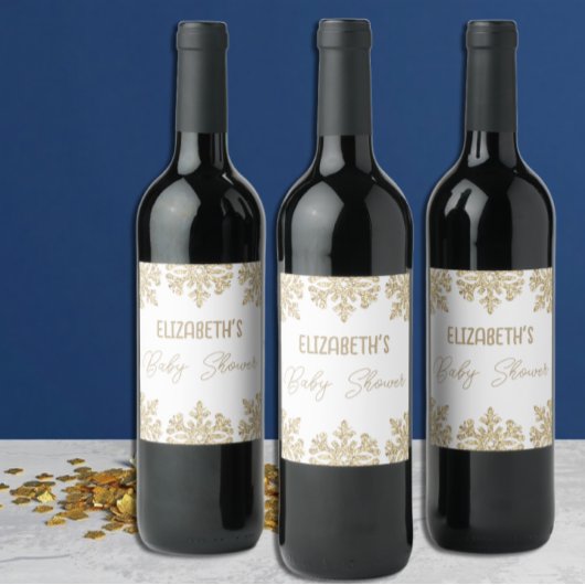 Gold Snowflake Winter Baby shower Wijn Etiket