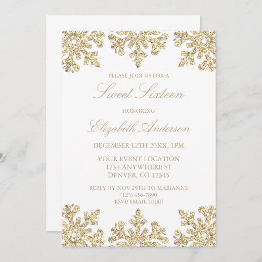 Gold Snowflake Winter Sweet 16 Kaart (Voorkant / Achterkant)