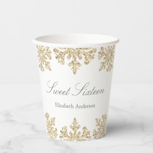 Gold Snowflake Winter Sweet 16 Papieren Bekers (Voorkant)