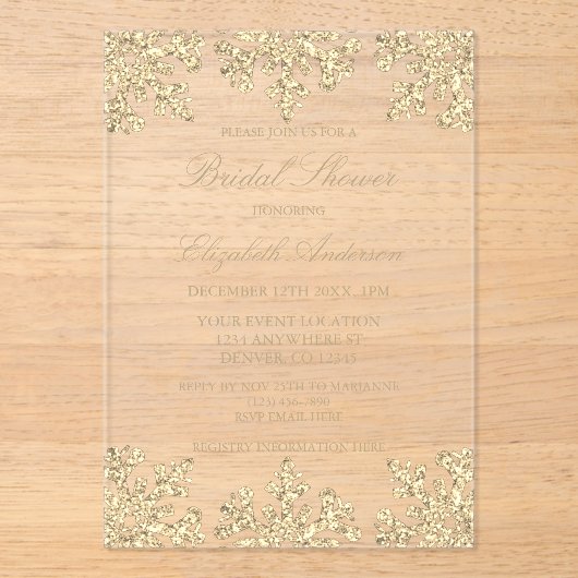 Gold Snowflake Winter Vrijgezellenfeest Acryl Uitnodigingen (Voorkant)