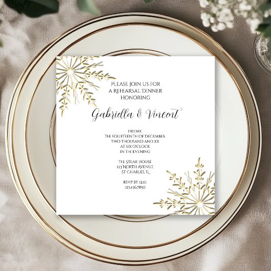 Gold Snowflake Winter Wedding Rehearsal Dinner Kaart