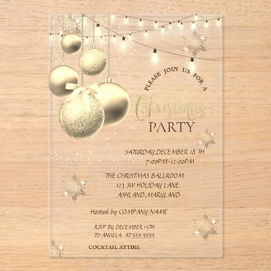 Gold Snowflakes,Balls Company Christmas Party Acryl Uitnodigingen (Voorkant)