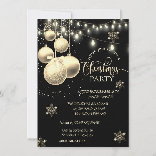 Gold Snowflakes, Balls Company Kerstparty Kaart (Voorkant)