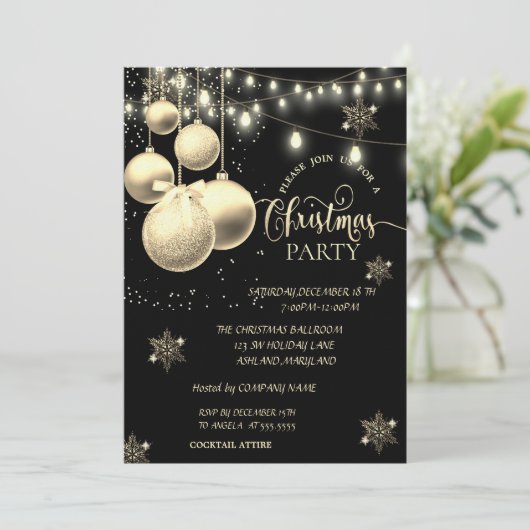 Gold Snowflakes, Balls Company Kerstparty Kaart (Staand voorkant)