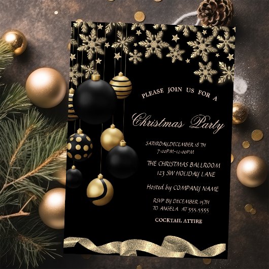 Gold Snowflakes Black Balls Corporate Christmas Kaart