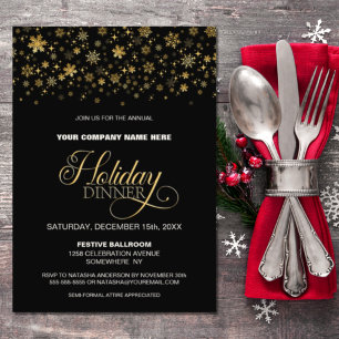 Gold Snowflakes Black Corporate Holiday Dinner Kaart