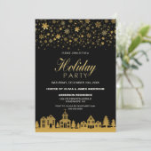 Gold Snowflakes Black Holiday Party Kaart (Staand voorkant)