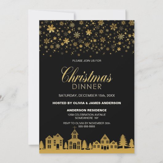 Gold Snowflakes Black-kerstdiner Kaart (Voorkant)