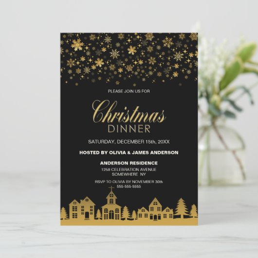 Gold Snowflakes Black-kerstdiner Kaart (Staand voorkant)