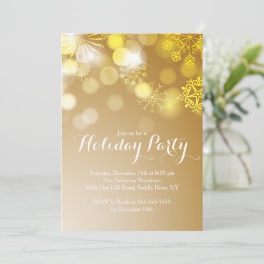 Gold Snowflakes Bokeh Holiday Party Uitnodiging (Staand voorkant)