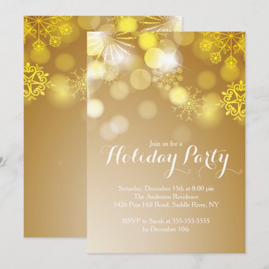 Gold Snowflakes Bokeh Holiday Party Uitnodiging (Voorkant / Achterkant)