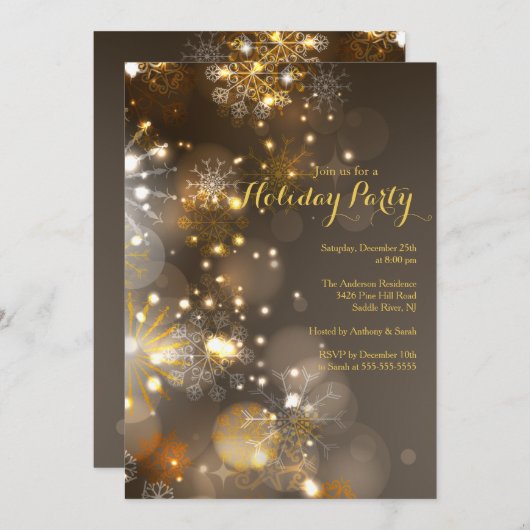 Gold Snowflakes & Bokeh Lights Holiday Uitnodiging (Voorkant / Achterkant)