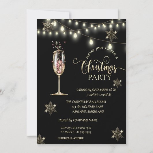 Gold Snowflakes, Champagne Glass Kerstparty Kaart (Voorkant)