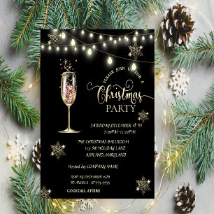 Gold Snowflakes, Champagne Glass Kerstparty Kaart