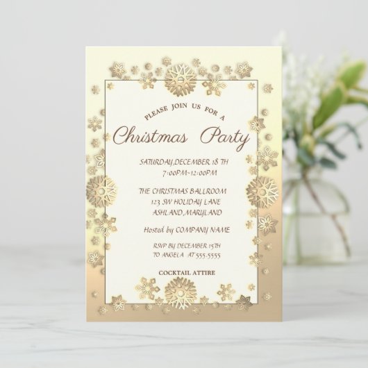 Gold Snowflakes Corporate Kerstparty Kaart (Staand voorkant)