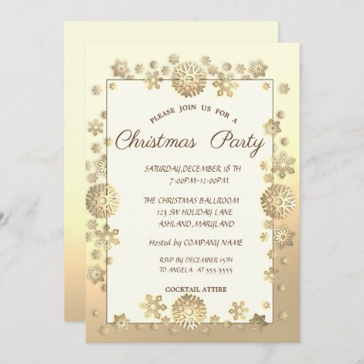 Gold Snowflakes Corporate Kerstparty Kaart (Voorkant / Achterkant)