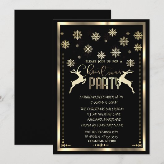 Gold Snowflakes, Deer Black Company kerstparty Kaart (Voorkant / Achterkant)