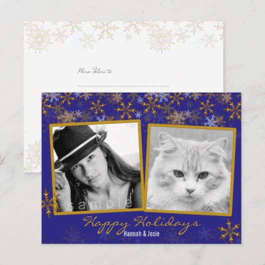 Gold Snowflakes dubbelfoto met kerstmis Briefkaart (Voorkant / Achterkant)