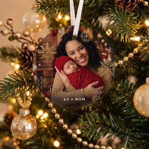 Gold Snowflakes eerste kerstmis als foto van mama Glas Ornament
