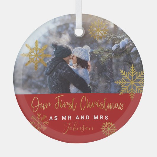 Gold Snowflakes Eerste Kerstmis Mr Mrs Foto Glas Ornament (Voorkant)
