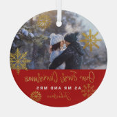 Gold Snowflakes Eerste Kerstmis Mr Mrs Foto Glas Ornament (Achterkant)