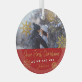Gold Snowflakes Eerste Kerstmis Mr Mrs Foto Glas Ornament (Voorkant Rechts)