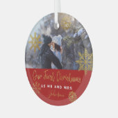 Gold Snowflakes Eerste Kerstmis Mr Mrs Foto Glas Ornament (Voorkant links)