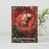 Gold Snowflakes Foto geboorteaankondigingen Feestdagenkaart (Staand voorkant)