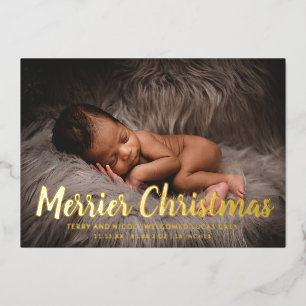 Gold Snowflakes Foto Holiday Birth Announance Folie Feestdagenkaart