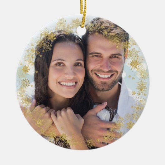 Gold Snowflakes Foto met kerstmis Lijst Keramisch Ornament (Voorkant)