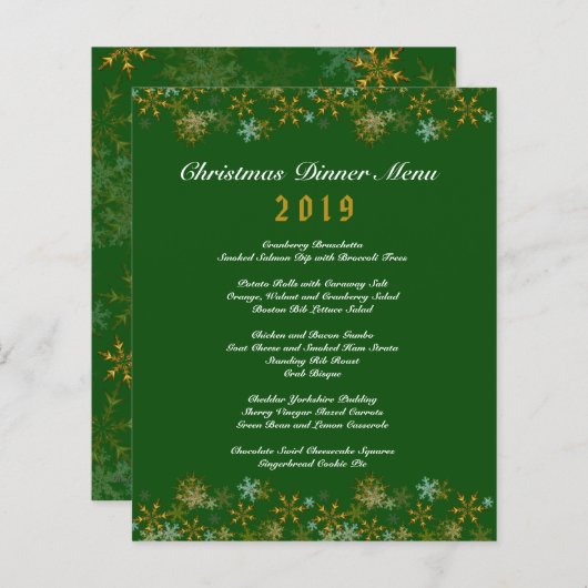 Gold Snowflakes Green-kerstmenu (Voorkant / Achterkant)