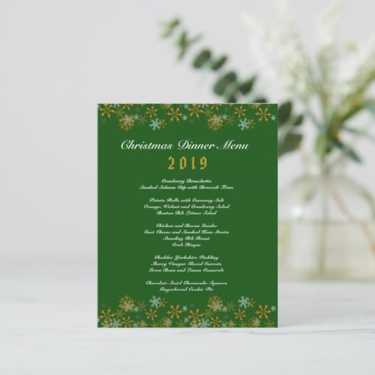 Gold Snowflakes Green-kerstmenu (Staand voorkant)