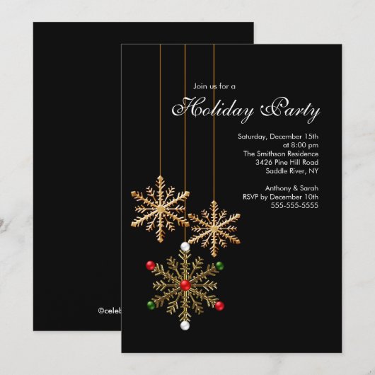 Gold Snowflakes Holiday Party Uitnodiging (Voorkant / Achterkant)