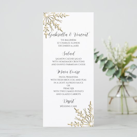 Gold Snowflakes in het White Winter Wedding Menu (Staand voorkant)