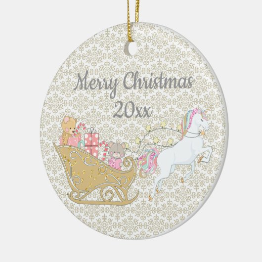Gold Snowflakes kerst Unicorn Santa's sleigh Keramisch Ornament (Links)