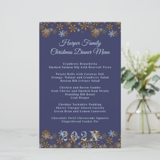 Gold Snowflakes Kerstmis menu Sjabloon (Staand voorkant)