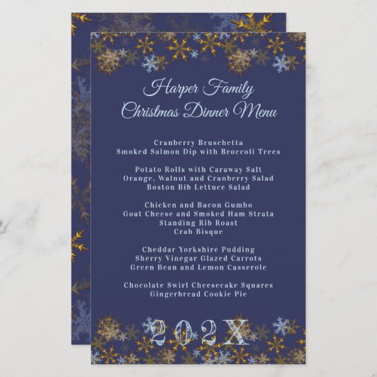 Gold Snowflakes Kerstmis menu Sjabloon (Voorkant / Achterkant)