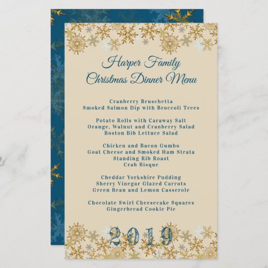 Gold Snowflakes Kerstmis menu Sjabloon (Voorkant / Achterkant)