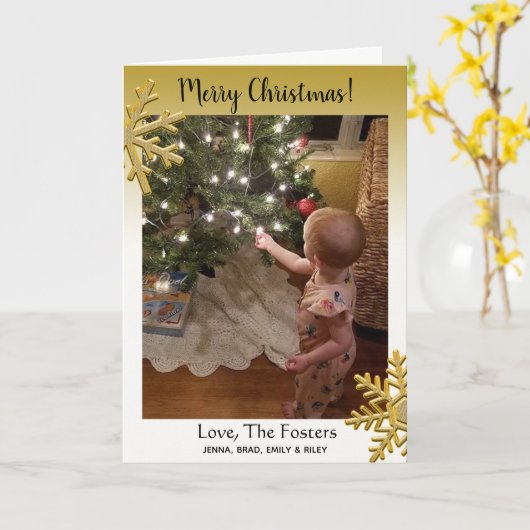 Gold Snowflakes Merry Kerstfamilie Foto Kaart (Gele Bloem)