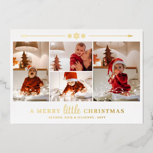 Gold Snowflakes Merry Little Christmas 4 Photos Folie Feestdagenkaart (Voorkant)