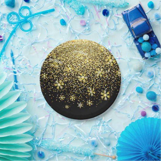 Gold Snowflakes op Black New Year Papieren Bordje (Feest)