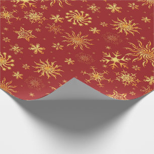 Gold Snowflakes op donkerrode kerstmis Cadeaupapier