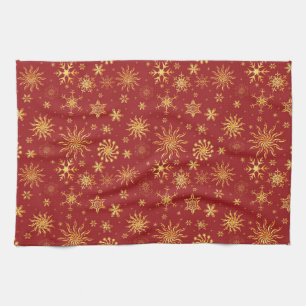 Gold Snowflakes op donkerrode kerstmis Theedoek