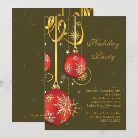 Gold Snowflakes Ornament Holiday Party Uitnodiging (Voorkant / Achterkant)