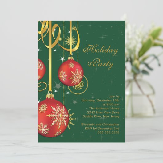 Gold Snowflakes Ornament Holiday Party Uitnodiging (Staand voorkant)