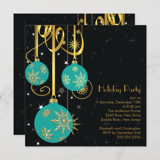 Gold Snowflakes Ornament Holiday Party Uitnodiging (Voorkant / Achterkant)