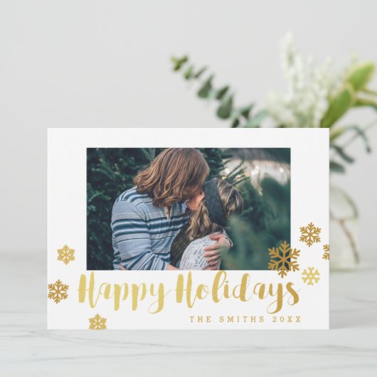 Gold Snowflakes Prettige feestdagen Fotokaart Feestdagenkaart (Staand voorkant)