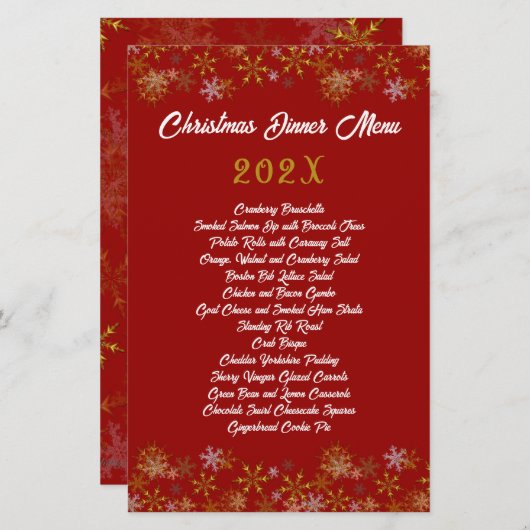 Gold Snowflakes Red Kerstmis menu (Voorkant / Achterkant)