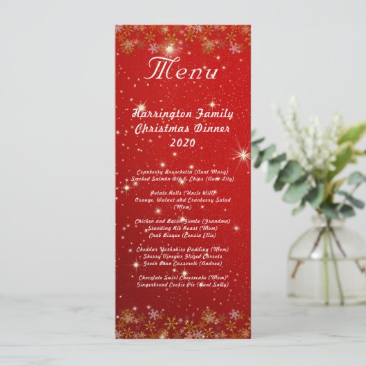 Gold Snowflakes Red Kerstmis menu (Staand voorkant)